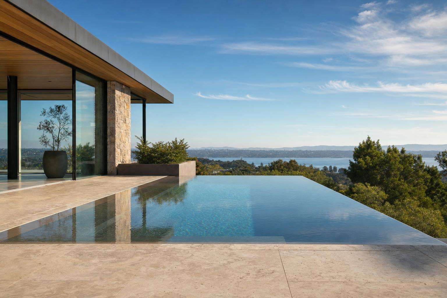 luxury villa swimming pool with water level close to the coping