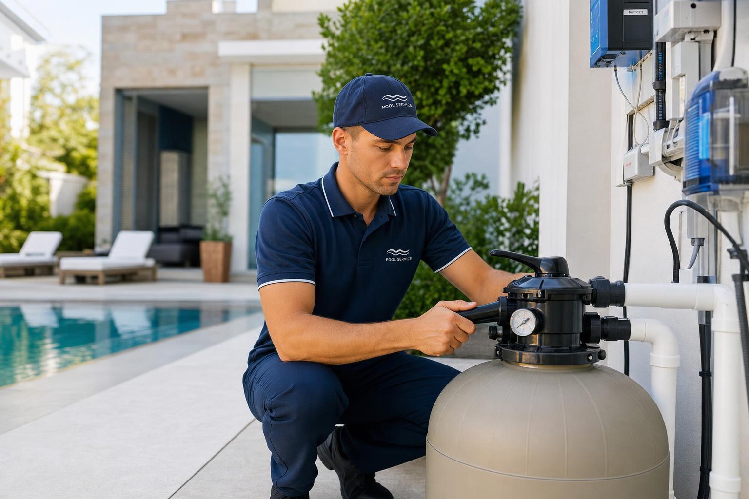 pool maintenance worker servicing swimming pool