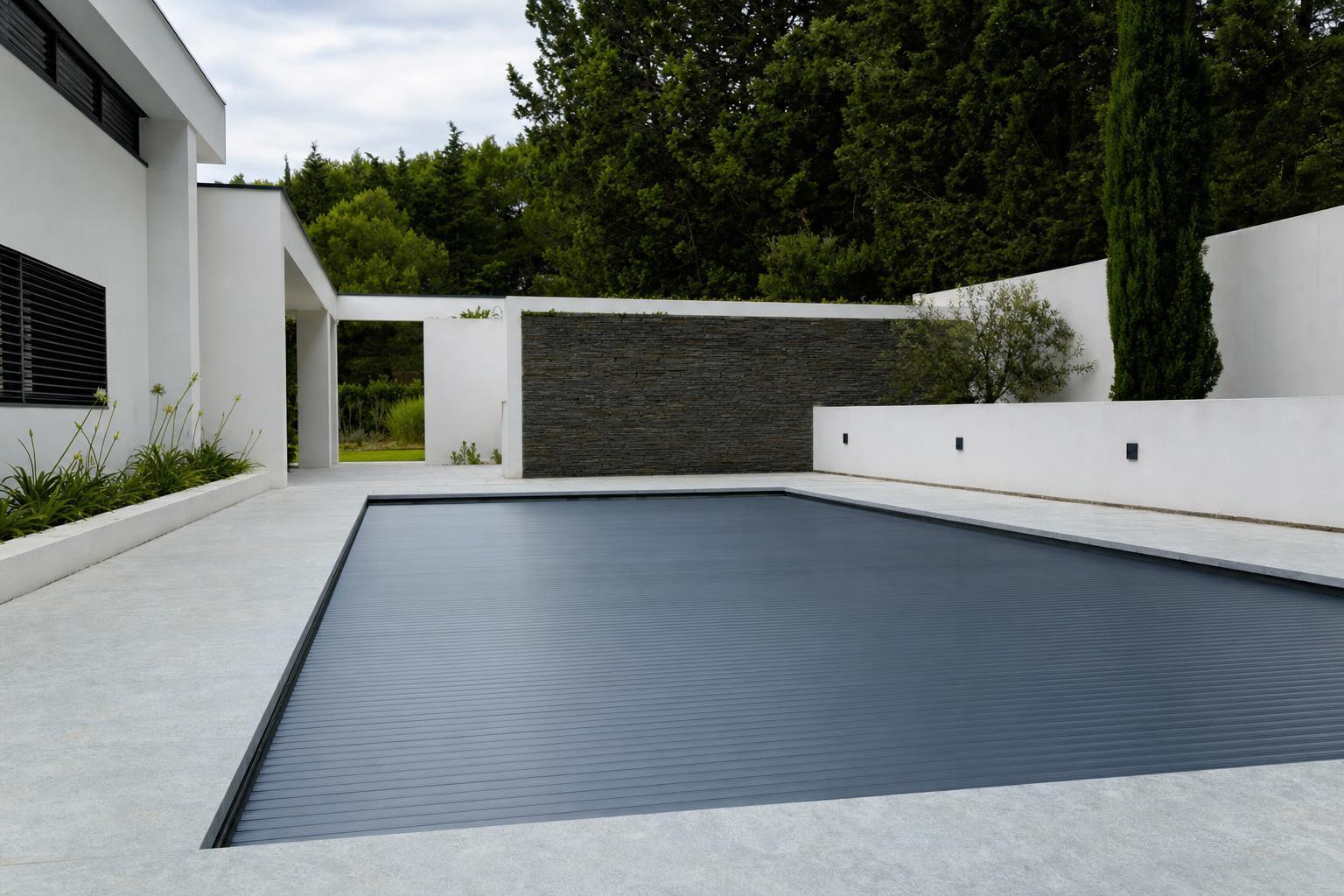 swimming pool with cover shading the water surface